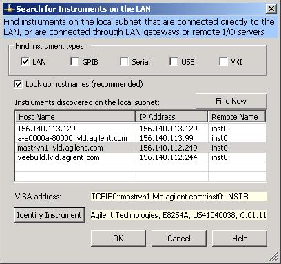 2 Connecting Instruments to LAN 4 When the LAN instruments on the subnet are discovered as shown below, select the one of interest, click Identify Instrument (if desired), then OK.
