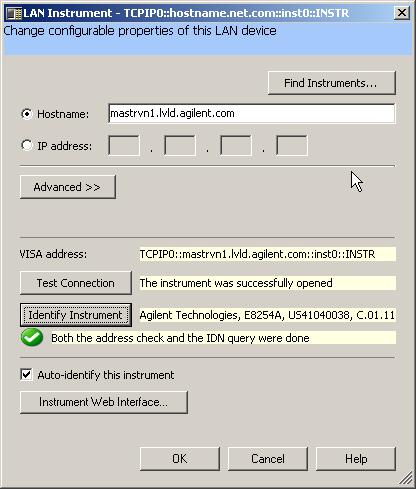 Connecting Instruments to LAN 2 Figure 14 Configuration Properties for Selected Instrument Automatically, you have the IP address, the Hostname, a default Remote name, the VISA address, a verified