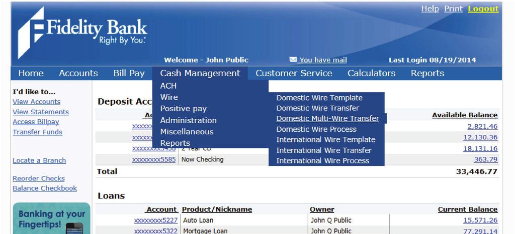 Setting Up a Multi-Wire Transfer for Processing. Once you are logged into your then Domestic Multi-Wire Transfer on the main navigation menu.