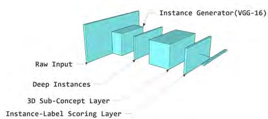 Figure 3: DeepMIML Network with different number of instances, zero paddings may be applied), we can generalize the idea of 2D sub-concept layer into a MIML perspective.