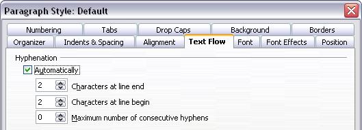 3) On the Paragraph Style dialog (Figure 21), go to the Text Flow page. 4) Under Hyphenation, select or deselect the Automatically option. Click OK to save.