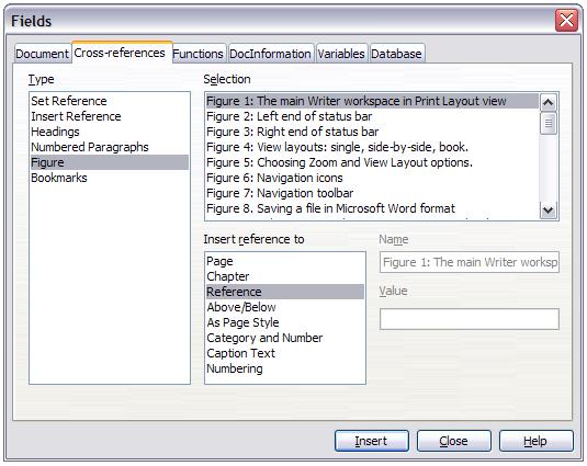 Figure 29: The Cross-references tab of the Fields dialog Using bookmarks Bookmarks are listed in the Navigator and can be accessed
