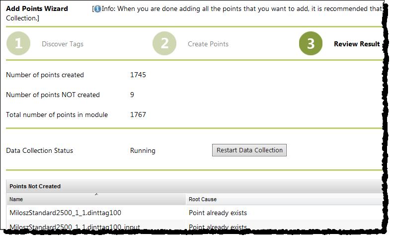 Chapter 5 Manage points The points that have not been created are listed in the Points Not Created table, along with an explanation for the point creation failure.