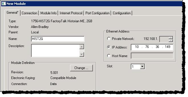 Under Ethernet Address, click IP Address, and then type the IP address of the module. 10. In the Slot list, select the number of the slot in which the module is located.