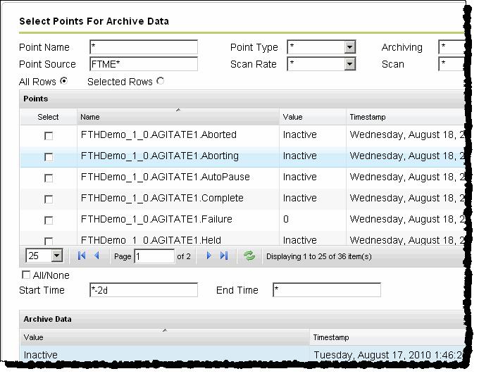 View data Chapter 4 3. Under Points, click a point for which you want to view data. NOTE You can view archive data only for one point at a time. 4. In the Start Time and End Time boxes, type the start and end time for which you want to view the data.