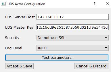 Enter the IP address or name of the UDS server (broker) and indicate if a secure connection will be used and which level of generated logs will be performed.