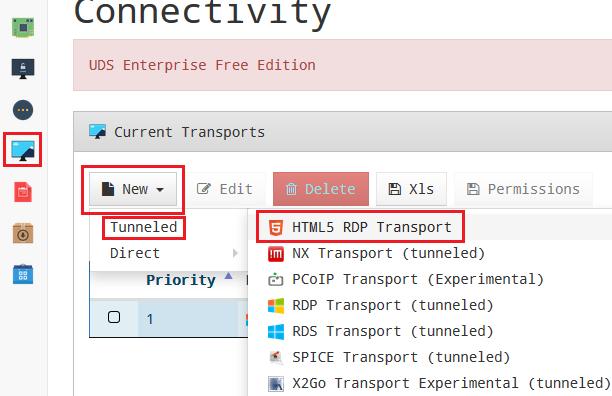 HTML5 RDP Transport In "Connectivity", click on "New", "Tunneled" and select "HTML5 RDP Transport": Fill the minimum configuration