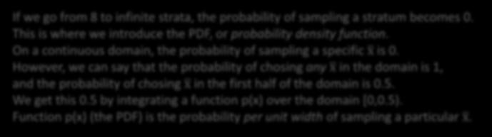 This is where we introduce the PDF, or probability density function. On a continuous domain, the probability of sampling a specific x is 0.