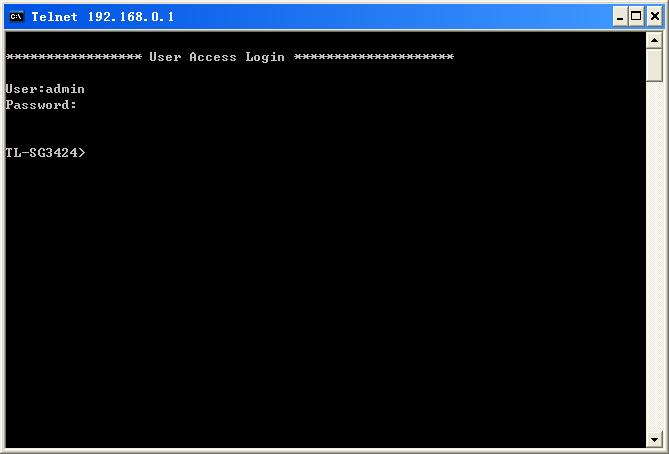 Open Telnet and type telnet 192.168.0.1 in the command prompt shown as Figure 1-9, and press the Enter button. Figure 1-9 Connecting to the Switch 3.