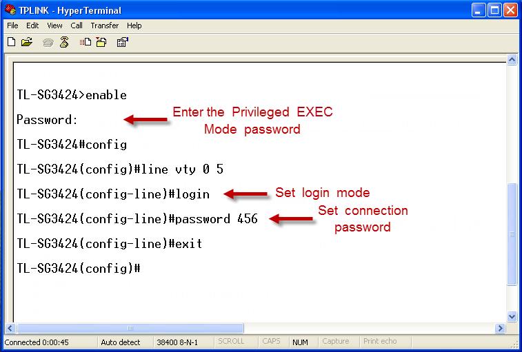 4. Type enable command to enter Privileged EXEC Mode. A password that you have set through Console port connection is required. Here the password is set as 123.