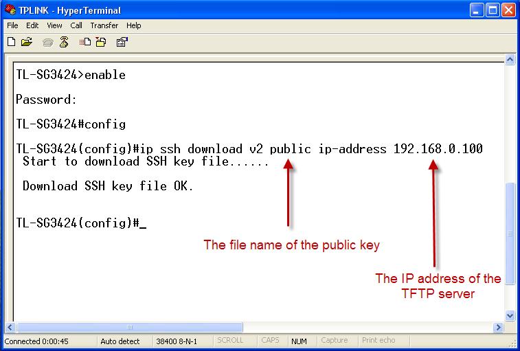 Log on to the switch by the console port, and download the public key file from the TFTP server to the switch,