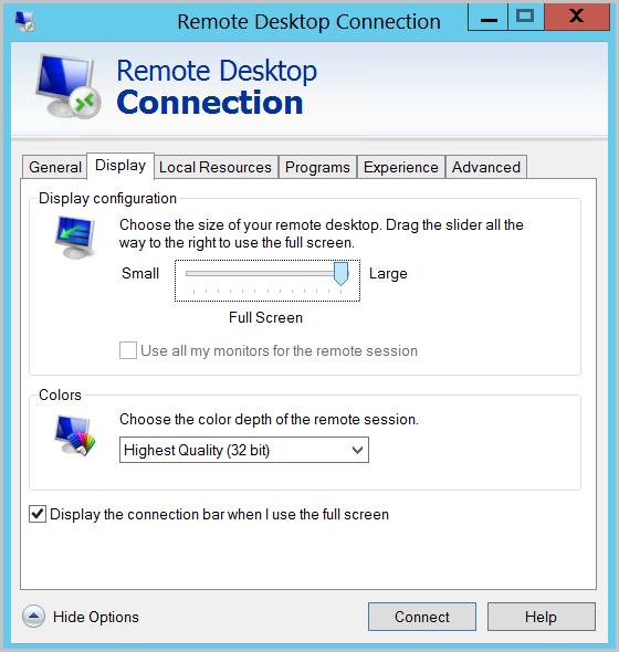On the Display tab, you can set the size of your remote desktop, which is usually set to Full Screen. Click Connect. Now, you are successfully connected to the instance and can work on it.