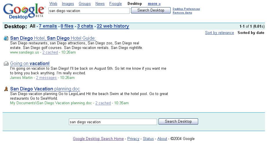 Your Google Desktop Search results will look like this on your desktop. Note the small icons on the left side indicating the file types in your search results.