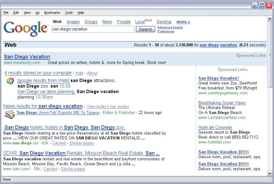 An integrated search result page looks like this. How integrated search works As you would for a standard Google.com search, enter your search query into the single search box on the page.