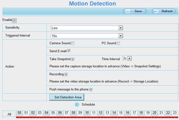 Enable timing to capture To enable capture interval, follow the steps below: 1 Select Enable Motion detection 2 Capture interval: The interval time between two captures.