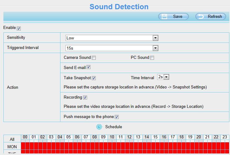 4.6.2 Sound Detection When the ambient sound over a certain decibel,the sound alarm will be triggered. If the Sensitivity is set to High, the camera will detect the sound whose more than 55db.