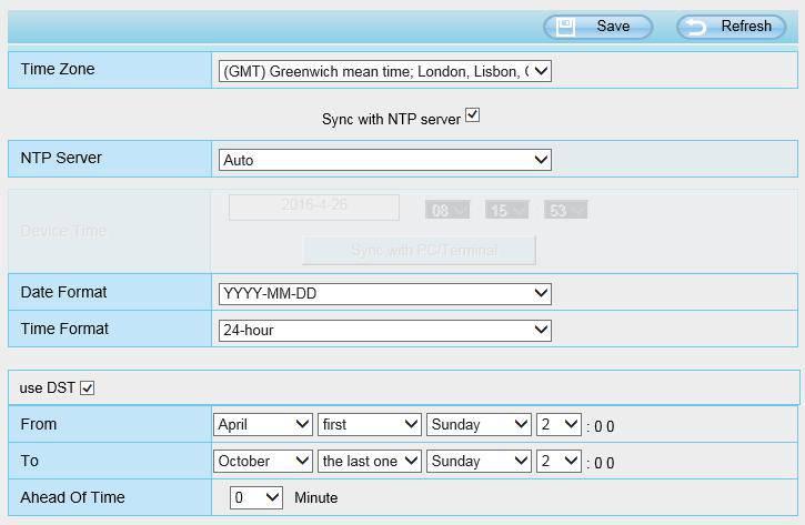 Time Zone: Select the time zone for your region from the dropdown menu. Sync with NTP server: Network Time Protocol will synchronize your camera with an Internet time server.