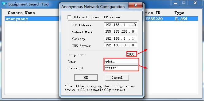 Step 3: Wait around 10 seconds, you ll see that the camera s LAN IP address has changed. In our example it was changed to 2000, so we see http://192.168.8.102:2000 in Equipment Search Tool.