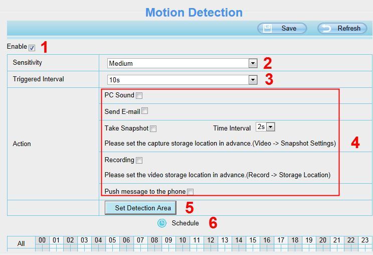 To enable motion detection, follow the steps below: 1 Enable Motion detection 2 Sensitivity---- It supports three modes: Low, Middle and High.