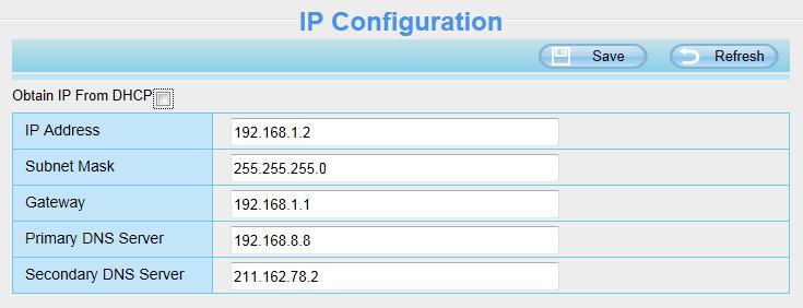 4.3 Network This section will allow you to configure your camera's IP, PPPoE, DDNS, Wireless Settings, UPnP and Port. 4.3.1 IP Configuration If you want to set a static IP for the camera, please go to IP Configuration page.