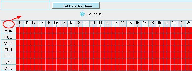 Alarm anytime when motion is detected Click the black button up the MON, you will see all time range turn red.