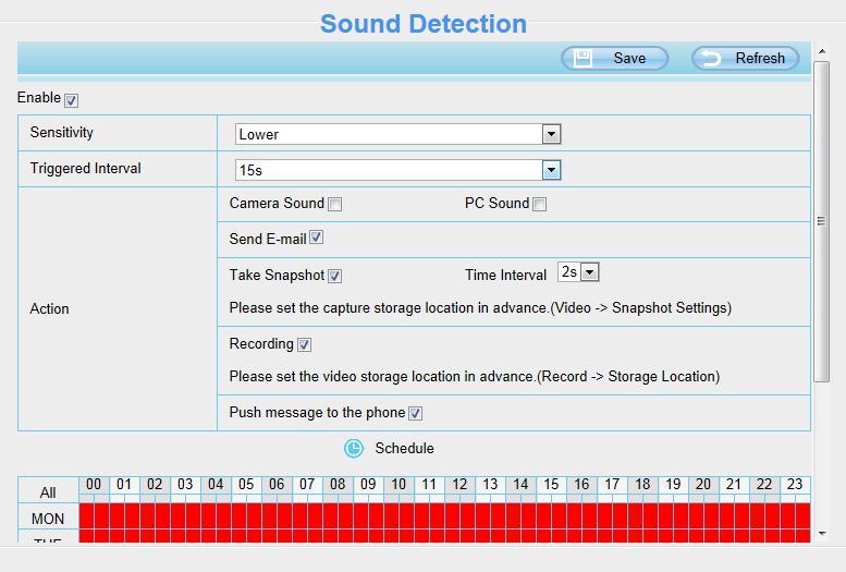 4.5.2 Sound Detection On the Sound Detection page, Enable the Sound Detection, select the Send E-mail and Take Snapshot before you have configured the mail and FTP.
