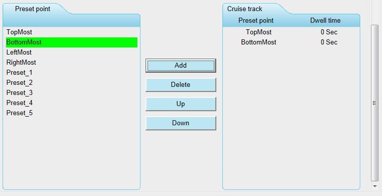 Add: Select one preset points and add it to the selected cruise track. Delete: Select one preset points you have added to one cruise track, click Delete.