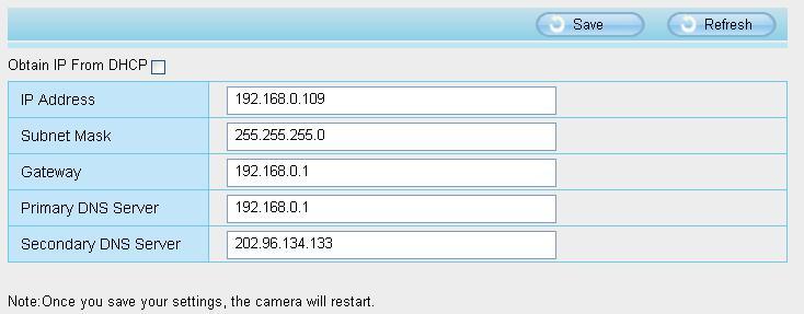 4.4 Network This section will allow you to configure your camera s IP, DDNS, Wireless Settings, UPnP and Port. 4.4.1 IP Configuration If you want to set a static IP for the camera, please go to IP Configuration page.