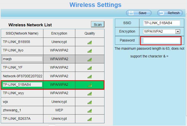 Step 2: Click the SSID (name of your router) in the list, the corresponding information related to your network, such as the name and the encryption, will be filled into the relevant fields