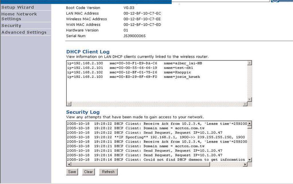 HOME NETWORK SETTINGS The security file, SMCWBR14G2_logfile.log, may be saved by clicking Save and choosing a location.