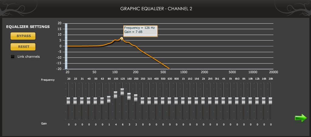 3 Graphic equalizer (Available in Mixer, 2way/4way Xover Graphic EQ version) Bypass: Disables the equalization but doesn t reset the settings.