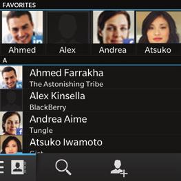 Contacts Contacts App Favorites Filter contact types, such as BBM, Facebook, and Twitter Search contacts Add a contact Swipe down to change settings Tap a contact for details, social updates, and