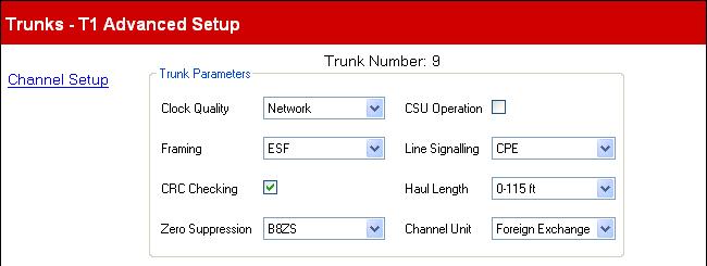 Configuration Settings: Trunks 3.5.3.1 T1 Advanced Setup This menu is accessed from the System 32 page by selecting Update Trunk Configurations.