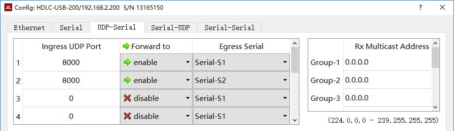 the specified serial port. Multiplexer: Data received by several different UDP ports can be forwarded to the same serial port.