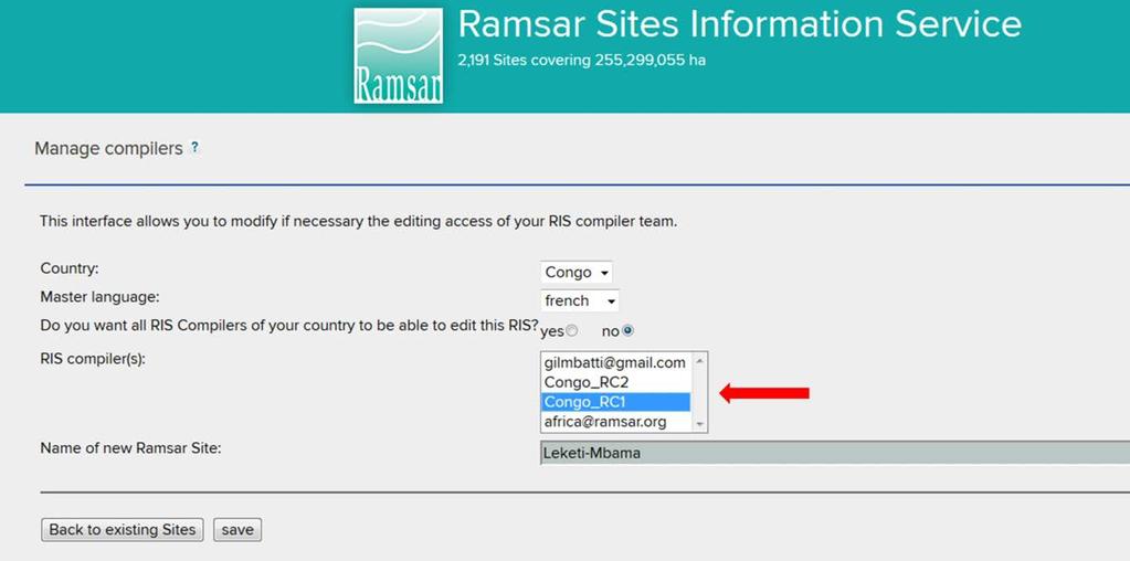 By default, all the Ramsar Compilers (RCs) in your country will be able to edit the RIS to be updated.