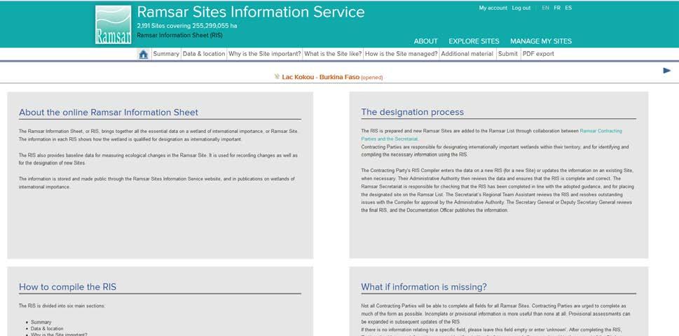 The RIS form is made up of six sections, which are in the tabs below the green banner: Summary Data & location Why is the Site important? What is the Site like? How is the Site managed?
