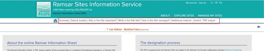 On each page you can view: the name of the Site, the country and the status of the RIS a bar that indicates the progress of the current RIS section There is also: a button to save your work.