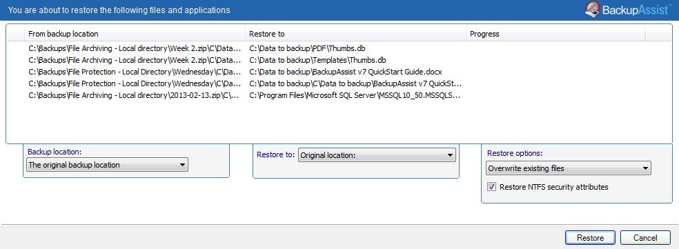 5. Restore Console restore destination selection When you select Restore to, a window will open showing the Backup location, the Restore to destination and the Restore options.