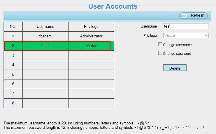 Figure 4.11 Delete: Select the account which you want to delete, then click Delete button to take effect.