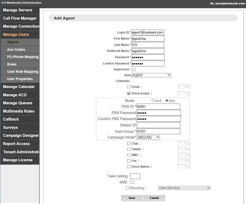 The Add Agent screen is displayed. Enter desired values for Login ID, First Name, Last Name, Preferred Name, Password, and Confirm Password. For Role, select AGENT. For Channels, check Voice-Avaya.