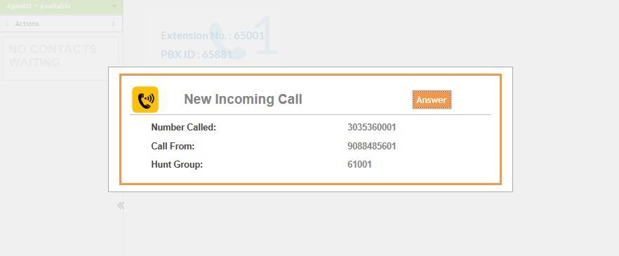 The left pane is updated, showing the agent in the Available mode, as shown below. Make an incoming ACD call.