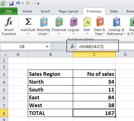 As you can see the function is: =SUM(C4:C7) This function tells Excel to sum the values