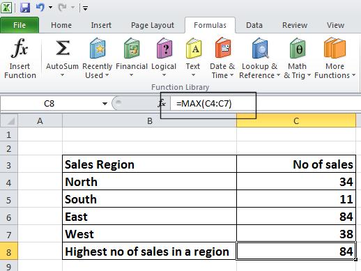 As you can see the function is: =MAX(C4:C7) This function tells Excel to display the maximum value within