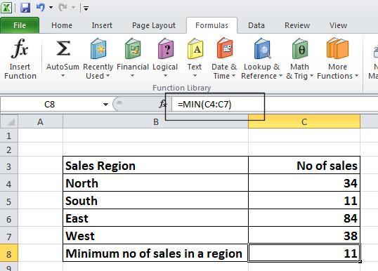 Excel 2010 Foundation Page 109 As you can see the function is: =MIN(C4:C7) This function tells Excel to display the minimum value within the range C4:C7.