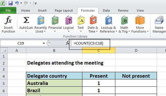 As you can see the function is: =COUNT(C5:C18) This function tells Excel to display the number of cells