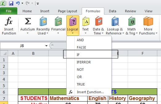 Excel 2010 Foundation Page 121 Click on the Logical icon within the Function Library group of the Formulas tab. This will display a drop down list. Select the IF command.