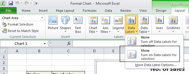 Excel 2010 Foundation Page 144 Click on the Data Labels button in the Labels group.