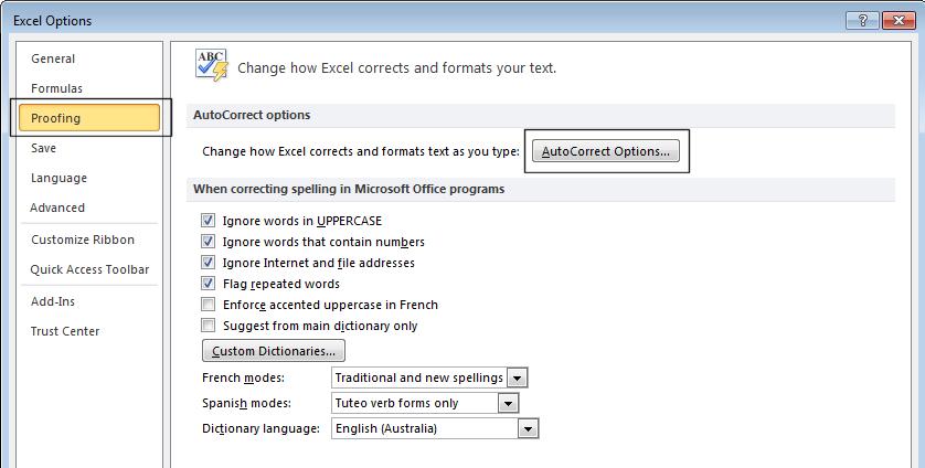 Excel 2010 Foundation Page 151 Click on the Proofing option, and then click on the AutoCorrect Options button.