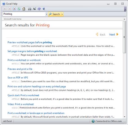 Clicking on any of these topics will display more information about printing.