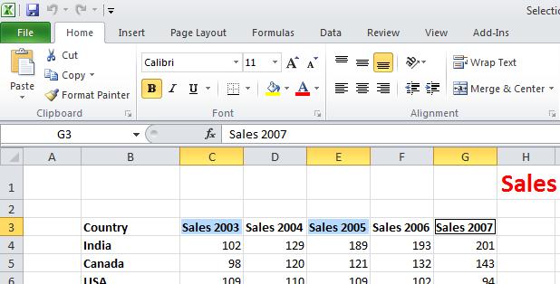 Excel 2010 Foundation Page 30 Selecting a range of non-connecting cells Sometimes we need to select multiple cells that are not next to each other, as in the example below, where C3,